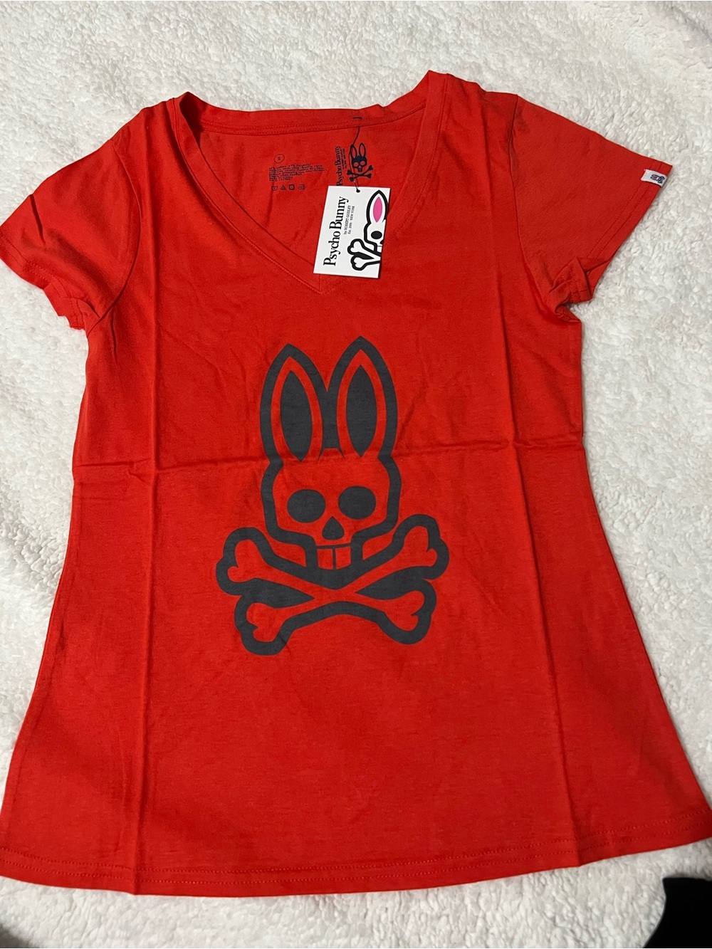 Psycho Bunny Red Tee with Black Bunny Skull Graphic